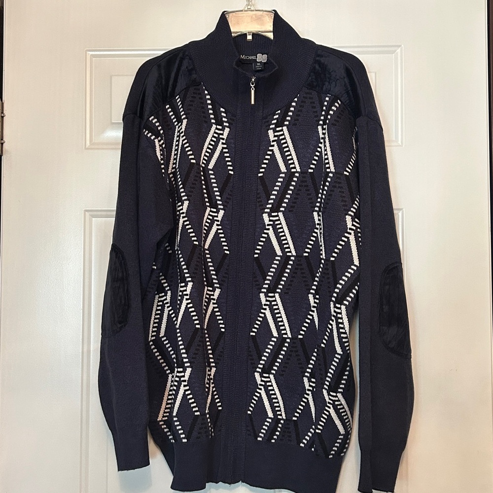 Full Zip Cardigan Sweater XL Blue Elbow Pads Grandpacore Vintage Geometric Cosby